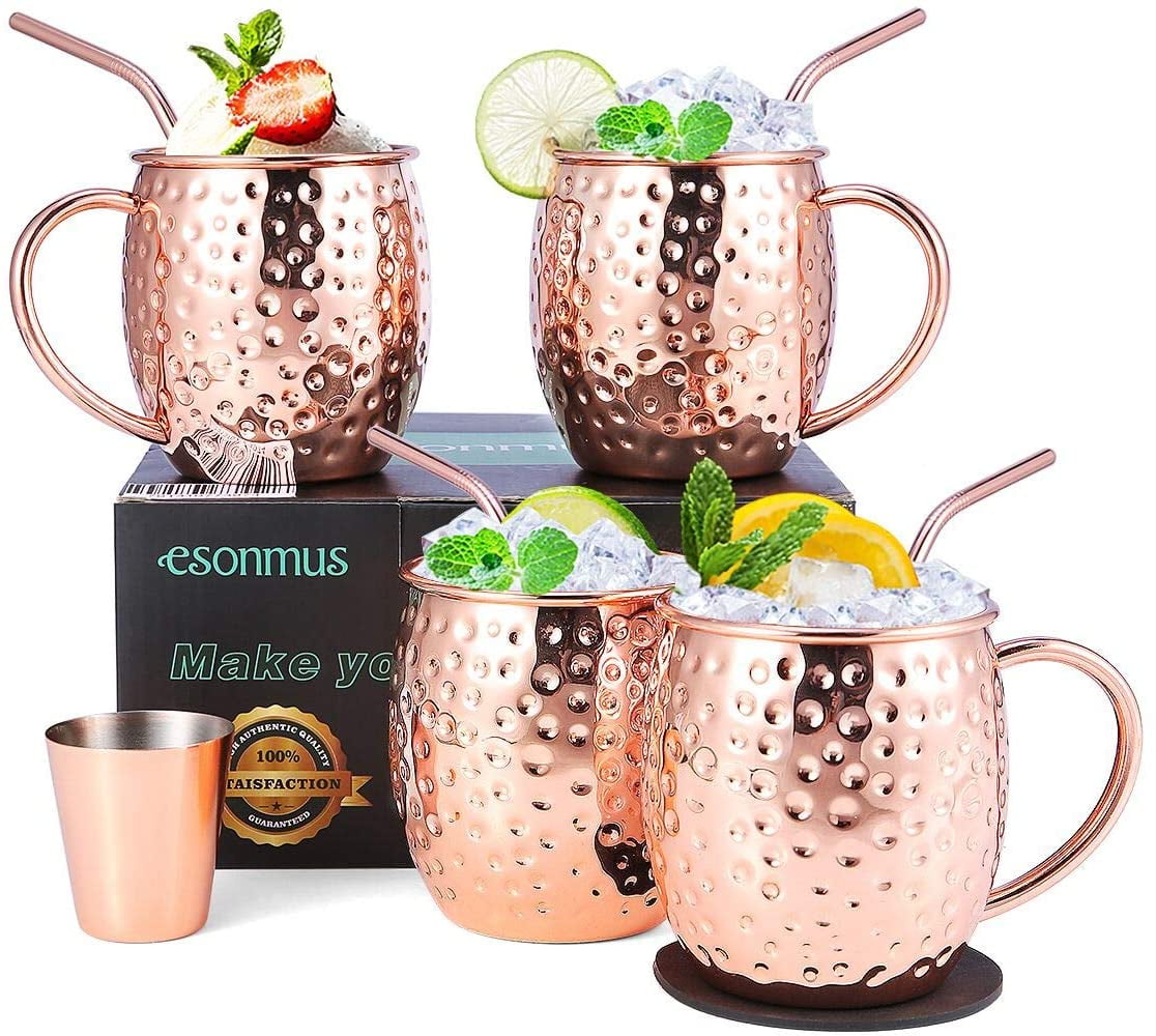 IndianArtVilla Handmade Best Quality Set of 4 Moscow Mule Pure Solid Copper Round Hammered Mug Capacity 530 ML for Use Restaurant Ware Bar Ware Hotel Ware Beer Vodka Wine Lime Juice Gift Item