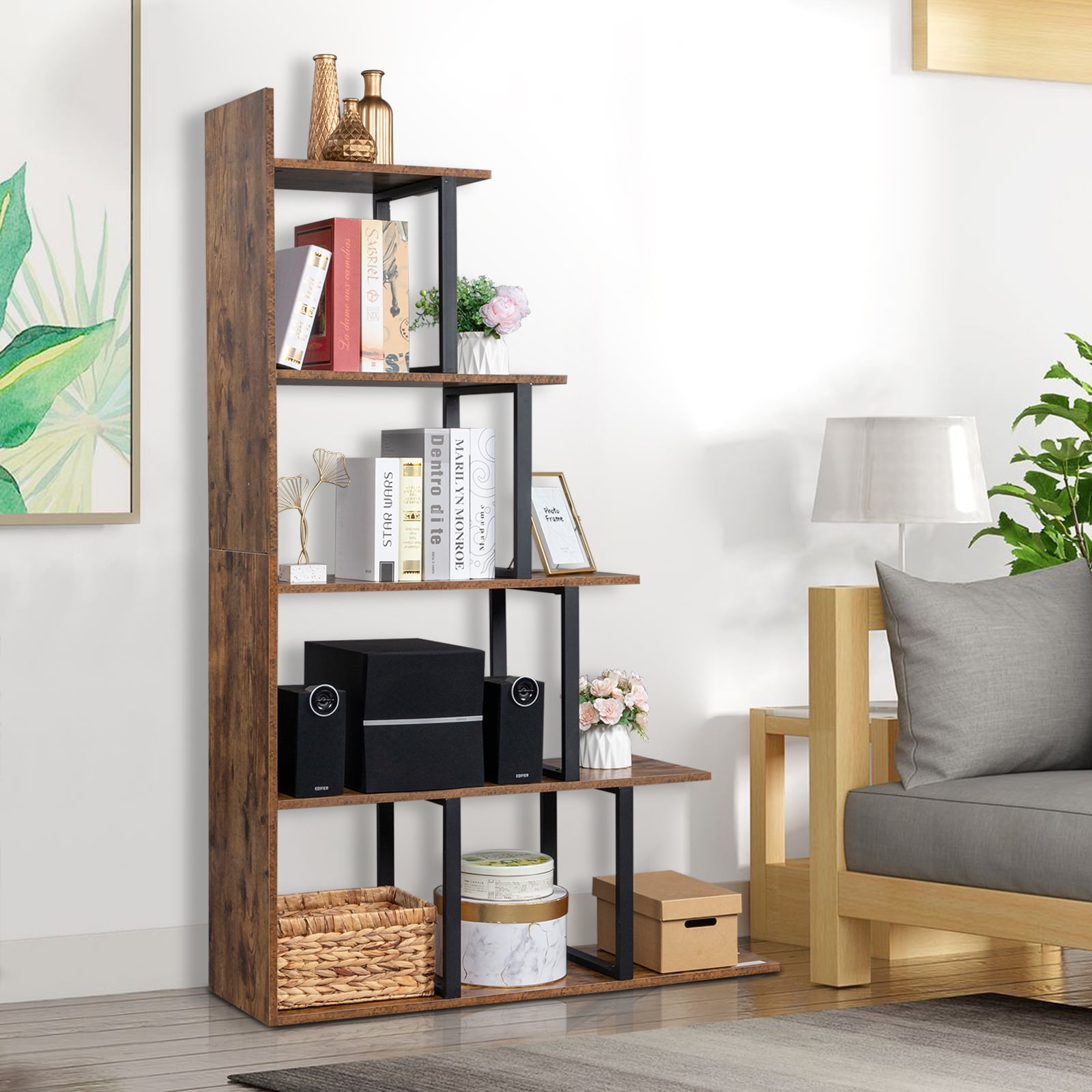 Kepooman 5-Tier Bookshelf, Industrial Vintage Freestanding Bookcase Multipurpose Storage Display Rack, Modern Industrial Metal Bookcase Display Rack and Storage Organizer for Living Room Bedroom Kepooman 5-Tier Bookshelf, Industrial Vintage Freestanding Bookcase Multipurpose Storage Display Rack, Modern Industrial Metal Bookcase Display Rack and Storage Organizer for Living Room Bedroom