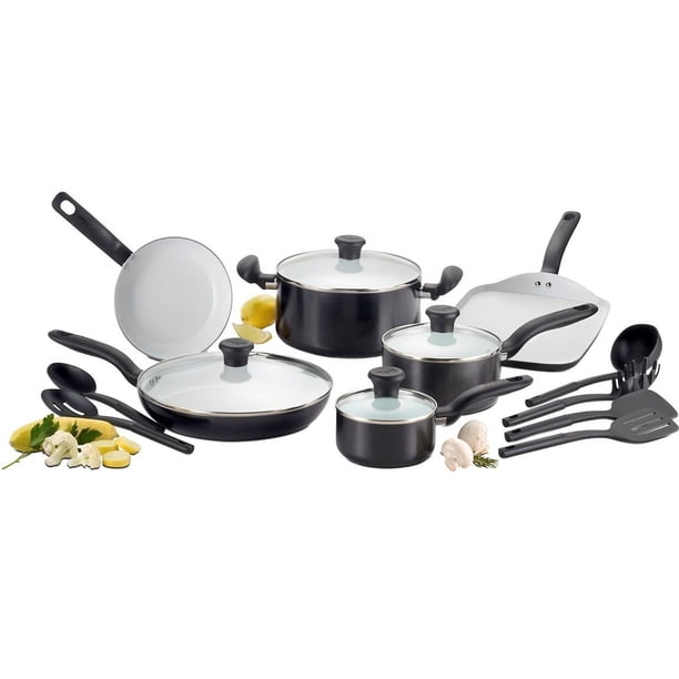 T-fal Initiatives - Juego de utensilios de cocina antiadherentes de cerámica, 16 piezas, apto para horno, ollas y sartenes 350F, color negro