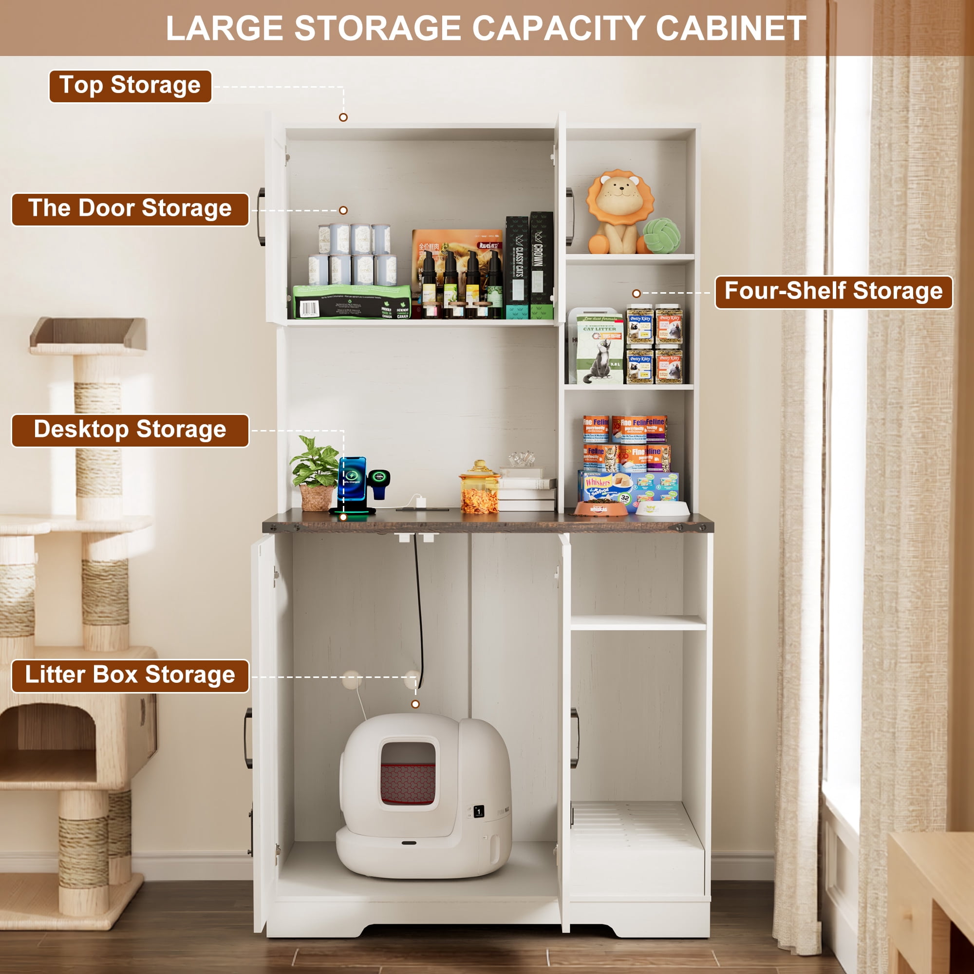 Blotout 71" Tall Farmhouse Cat Litter Box Enclosure W/Open Shelves & Doors, Wooden Cat Litter Box Furniture for Self-Cleaning Litter Boxes, Large Hidden Litter Box Furniture W/ Power Outlets, Locks