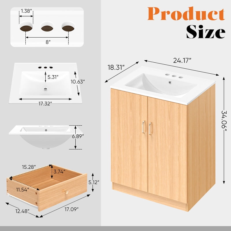Gianna 24" Modern Bathroom Vanity with Ceramic Basin, Undermount Vanity Sink Cabinet with 2 Doors and 1 Inner Drawer, Free Standing Bathroom Storage Cabinet with Sink Combo Set, Wood