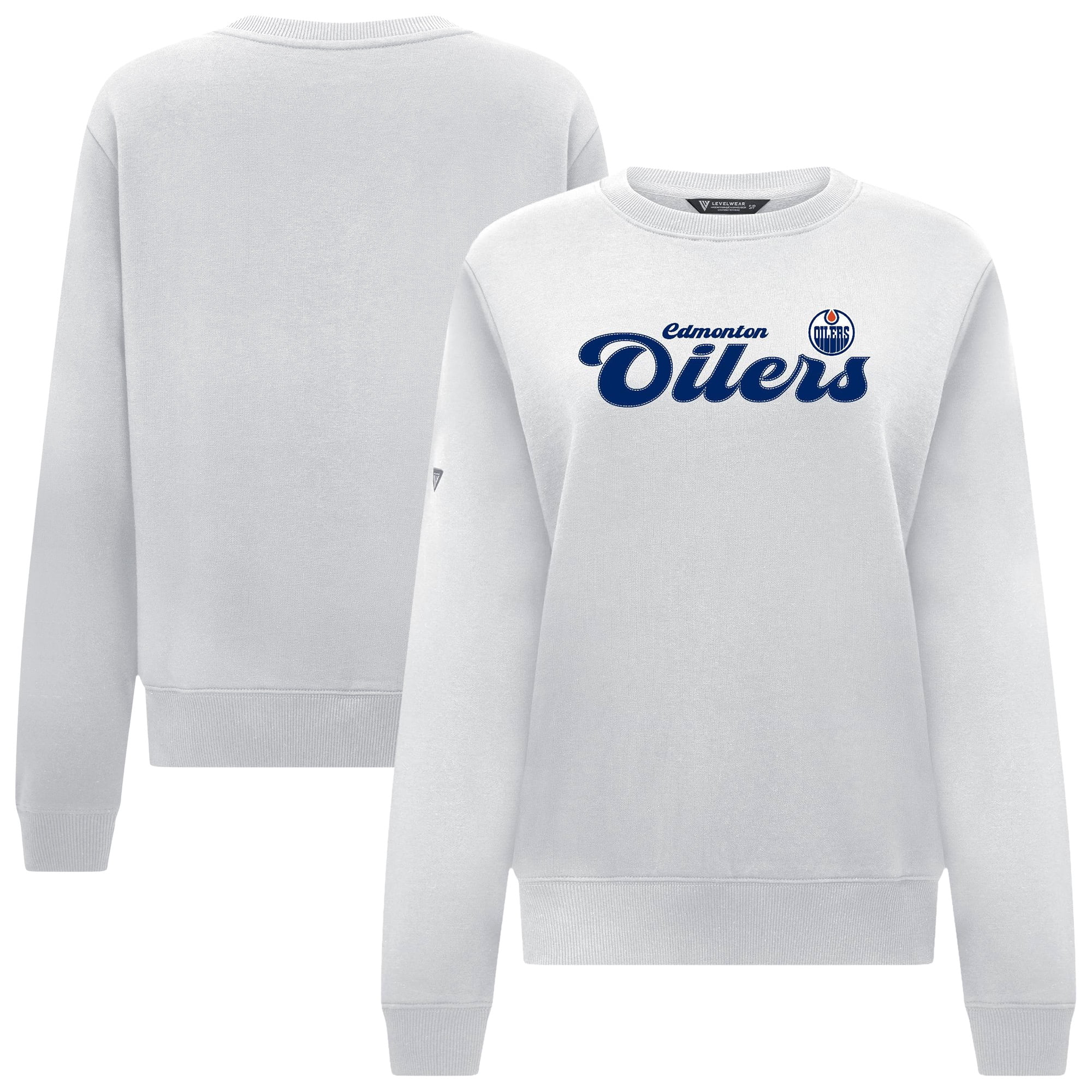 Women's Levelwear White Edmonton Oilers Yvette Big Script Tri-Blend Sweatshirt