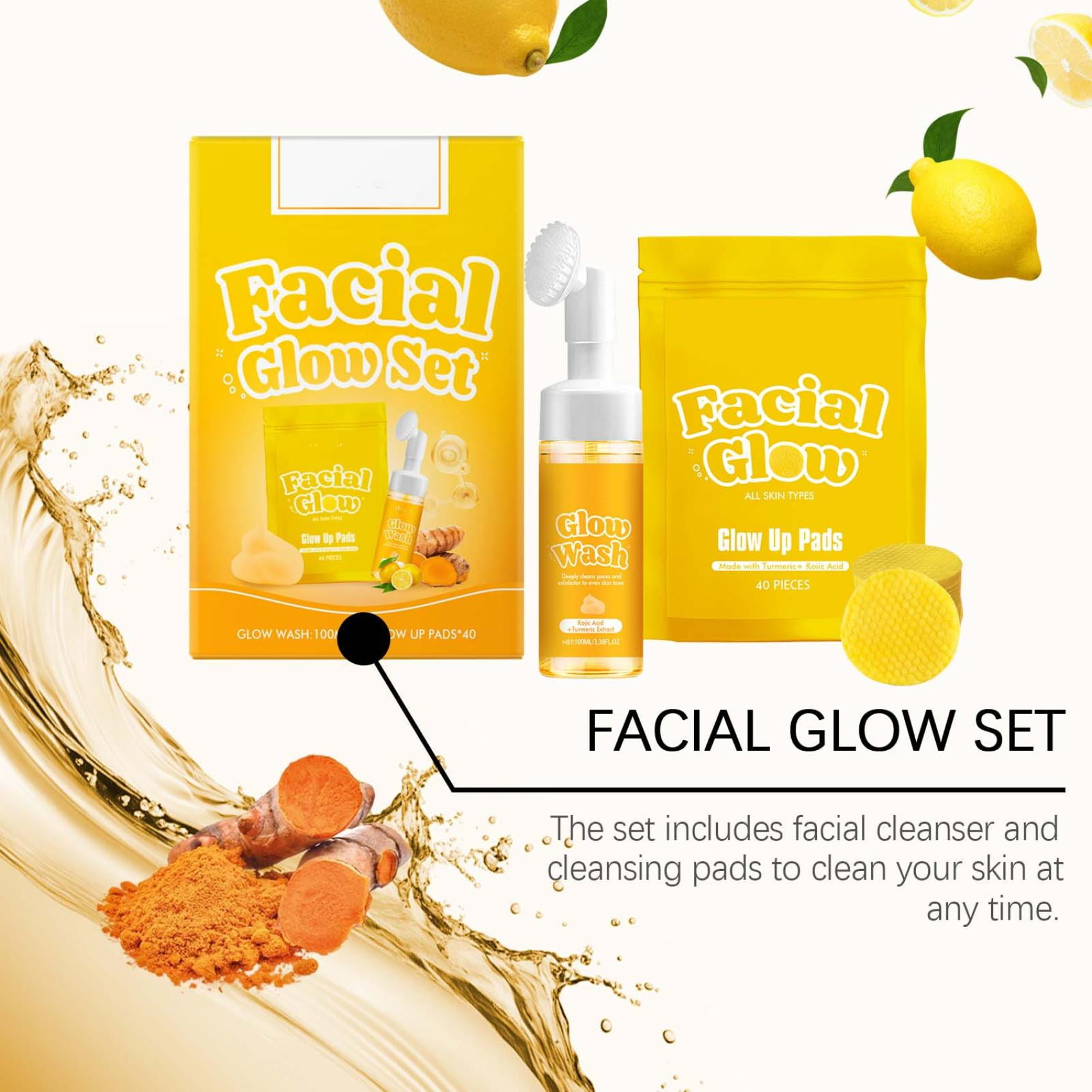 Sugar Baby Turmeric Kojic Pads,Facial Glow+Glow Wash Set Glow Up Pads - Turmeric & Kojic Acid Pads,Kojic Acid and Turmeric Cleansing Pads(4set 5.07FL.OZ/150ML+1 Bag/40 Pieces)from Biweutydys