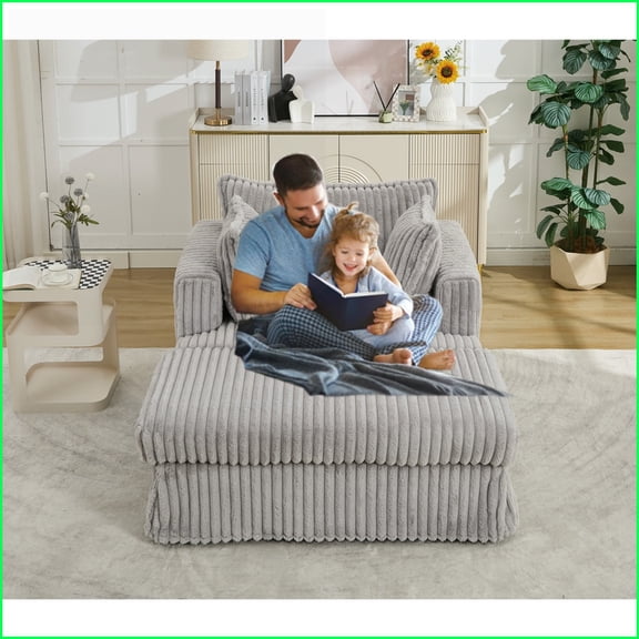 47.7'' Oversized Corduroy Chaise Longue with Movable Ottoman & 2 Pillows | Deep Seat Lounge Chair, Light Gray | Polypropylene Cotton Back Fill