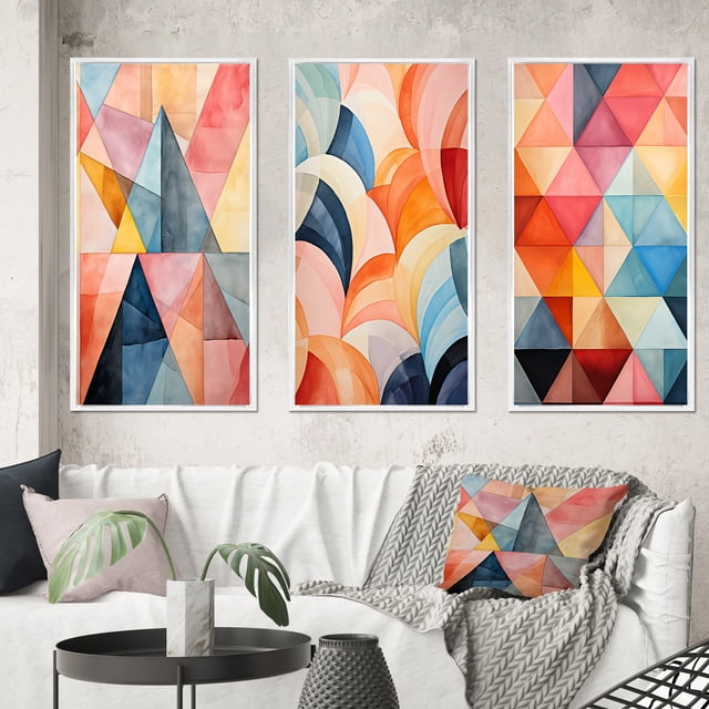 Designart "Symmetrical Pastels in the World of Hard-Edge V" Abstract Framed Wall Art Set Of 3 - Multi-Color Hard Edge Painting Frame Canvas Set For Living Room Decor