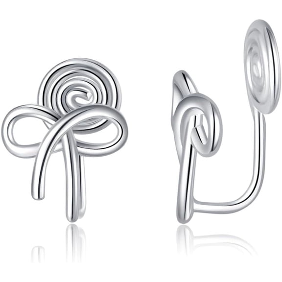 Solid 925 Sterling Silver Bow Clip On Earrings Ribbon for Women Bowknot Cuff Earrings Non Pierced Wrap Earrings