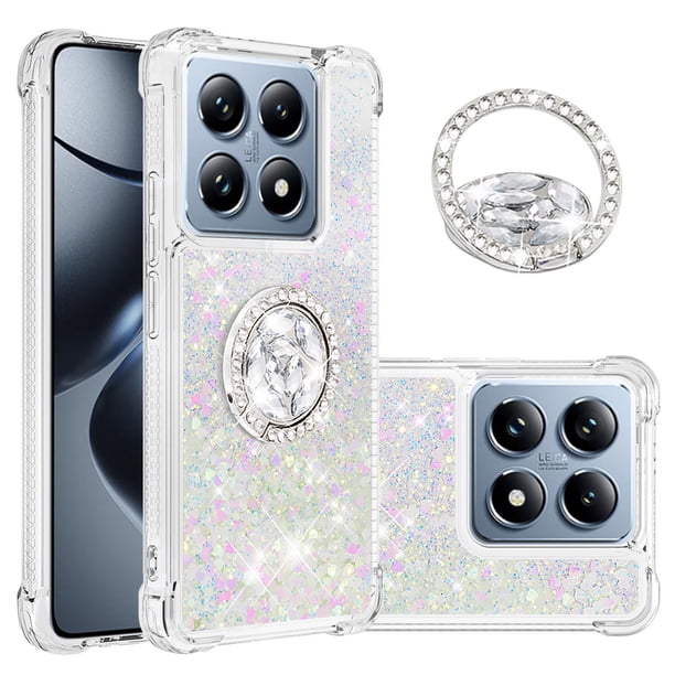 Funda para Xiaomi 14T 5G con Brillo Líquido Flotante, Purpurina, Parachoques y Anillo Giratorio Soporte