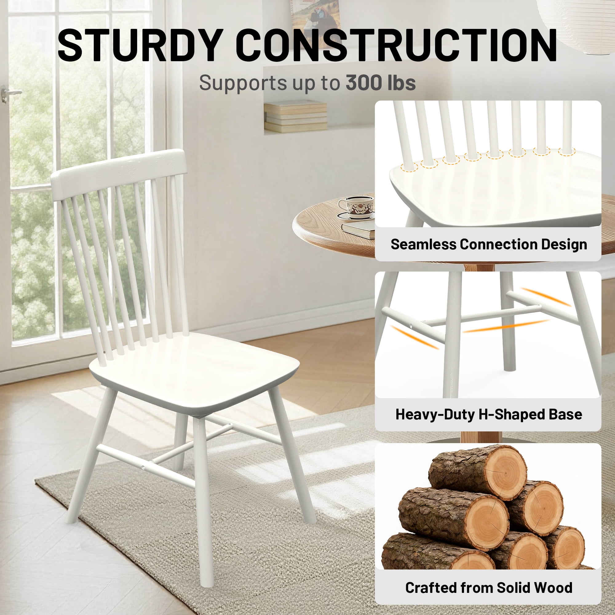 Dhole Windsor Spindle Back Dining Chair Set of 8, Solid Hardwood Kitchen and Dining Room Seating in White