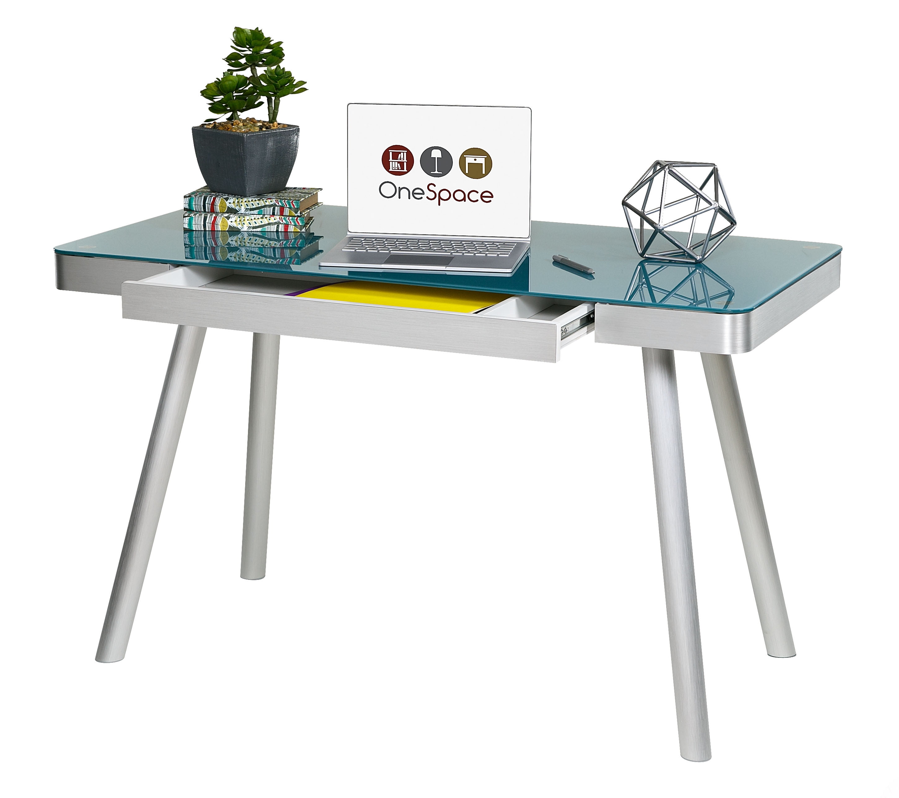 Onespace 50 Jn1407 Cool Blue Glass Writing Desk With Brushed