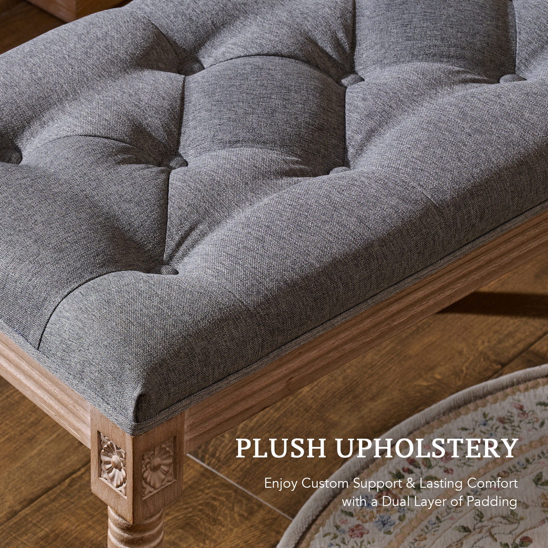 French Vintage Bench 48" Upholstered Ottoman w Button Tufting & Carved Wood Gray