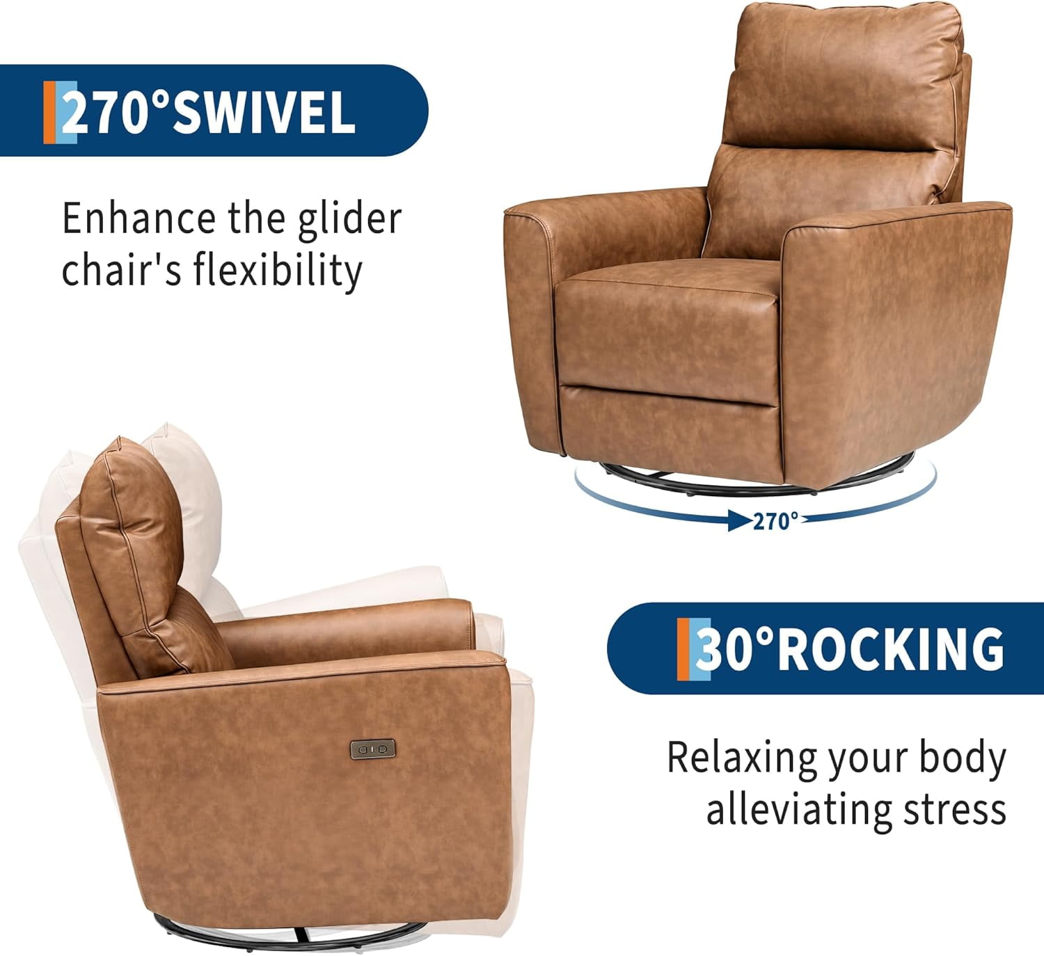 Power Recliner Chair 270° Swivel Rocking Glider with USB Port PU Leather Upholstered Nursery Chair with Adjustable Backrest for Living Room Office Home Theater and Nursery