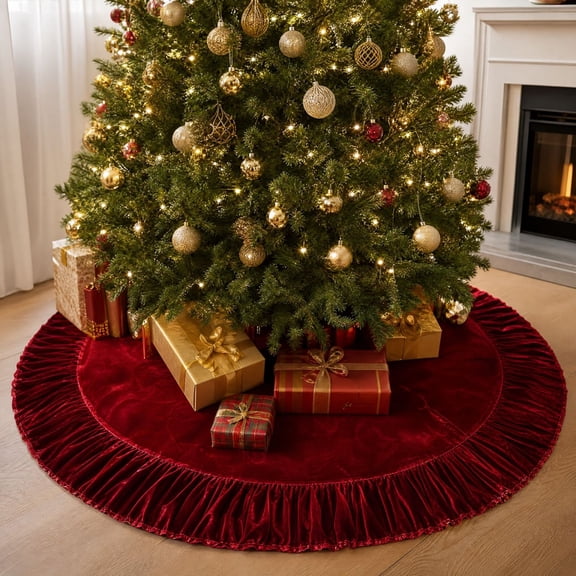 60 Inches Ruffled Velvet Christmas Tree Skirt Red with Bow, Large Luxury Xmas Tree Skirt Mat for Christmas & New Year Holiday Home Party Decorations
