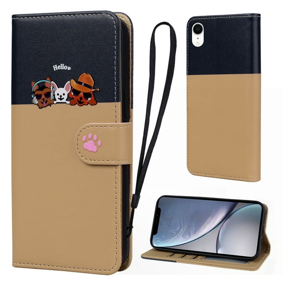 Cute Cartoon Wallet Phone Case for iPhone XR, with Card Holder Soft PU Leather Kickstand Cover for Men and Women Magnetic Shockproof Protective with Lanyard for iPhone XR, Khaki