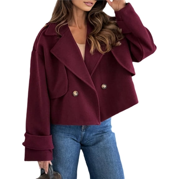 Women Crop Double Breasted Pea Coat Work Office Cropped Jacket with Pockets Wine Red L