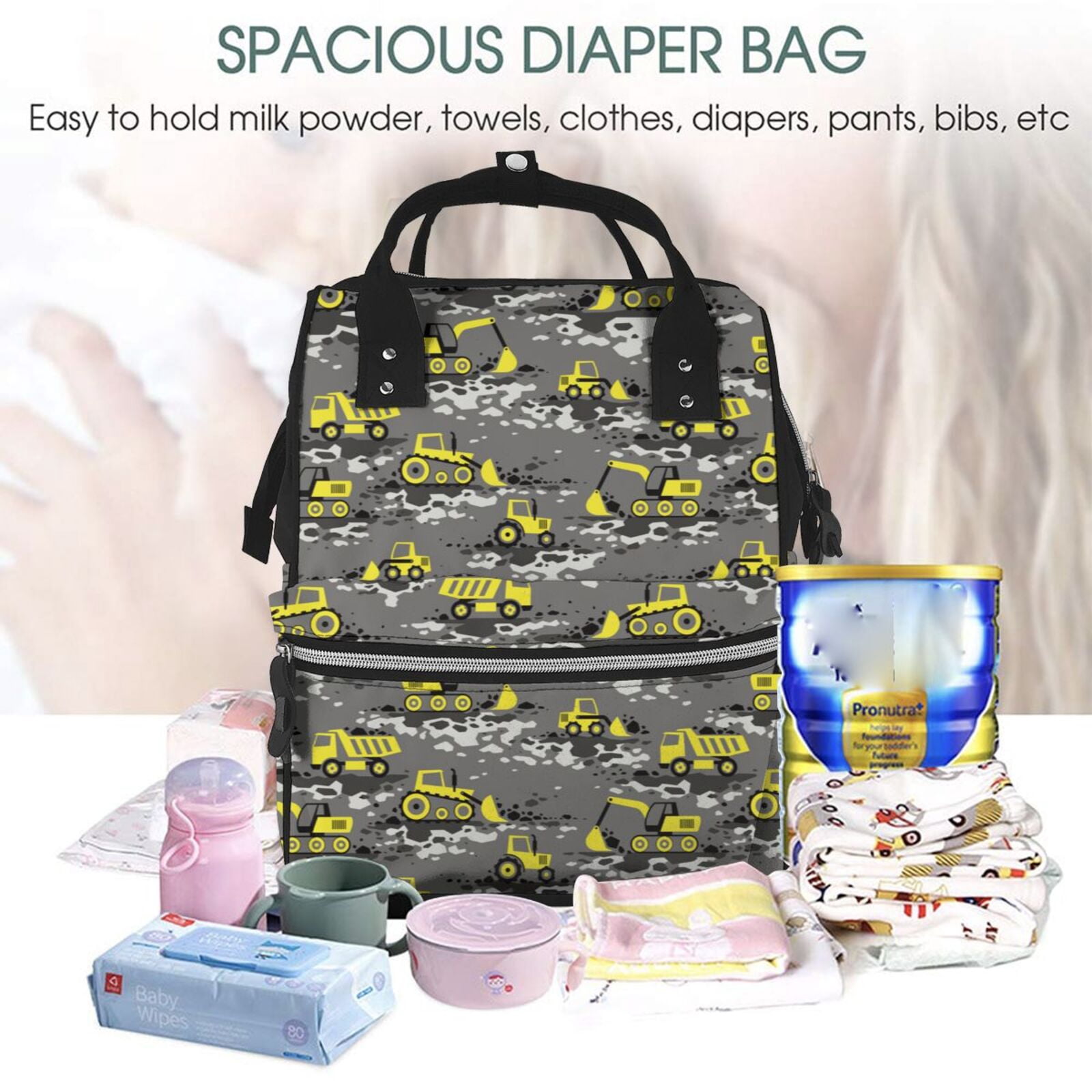 Kdxio Baby Diaper Backpack,Multi-Function Travel Backpack Nappy Bags,Nursing Bag, Fashion Mummy,Roomy Waterproof for Baby Care(Modern Yellow Excavator)