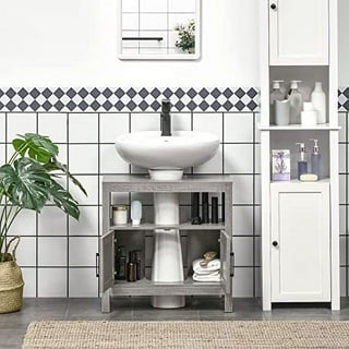 SSLine Under Sink Vanity Cabinet Free Standing Bathroom Sink Cabinet with  Pedestal Hole Bath Storage Cupboard w/Doors & Shelf Space Saver Organizer
