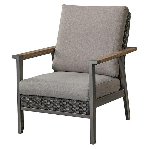 Outdoor Wicker Armchair Rattan Furniture Patio Metal Dining Chair with Cushion, Grey