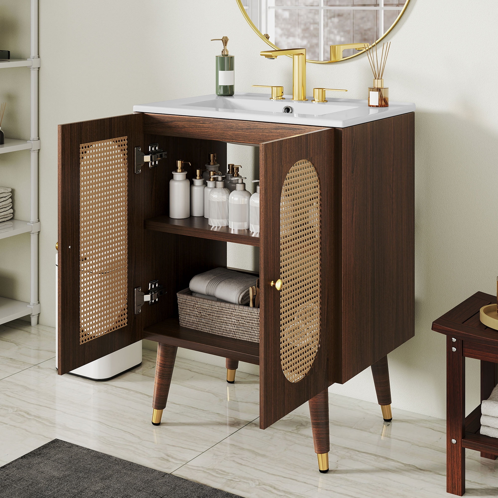 Dextrus 24" Bathroom Vanity with Sink, Freestanding Wooden Cabinet Vanity with Soft-Closing Door, Brown