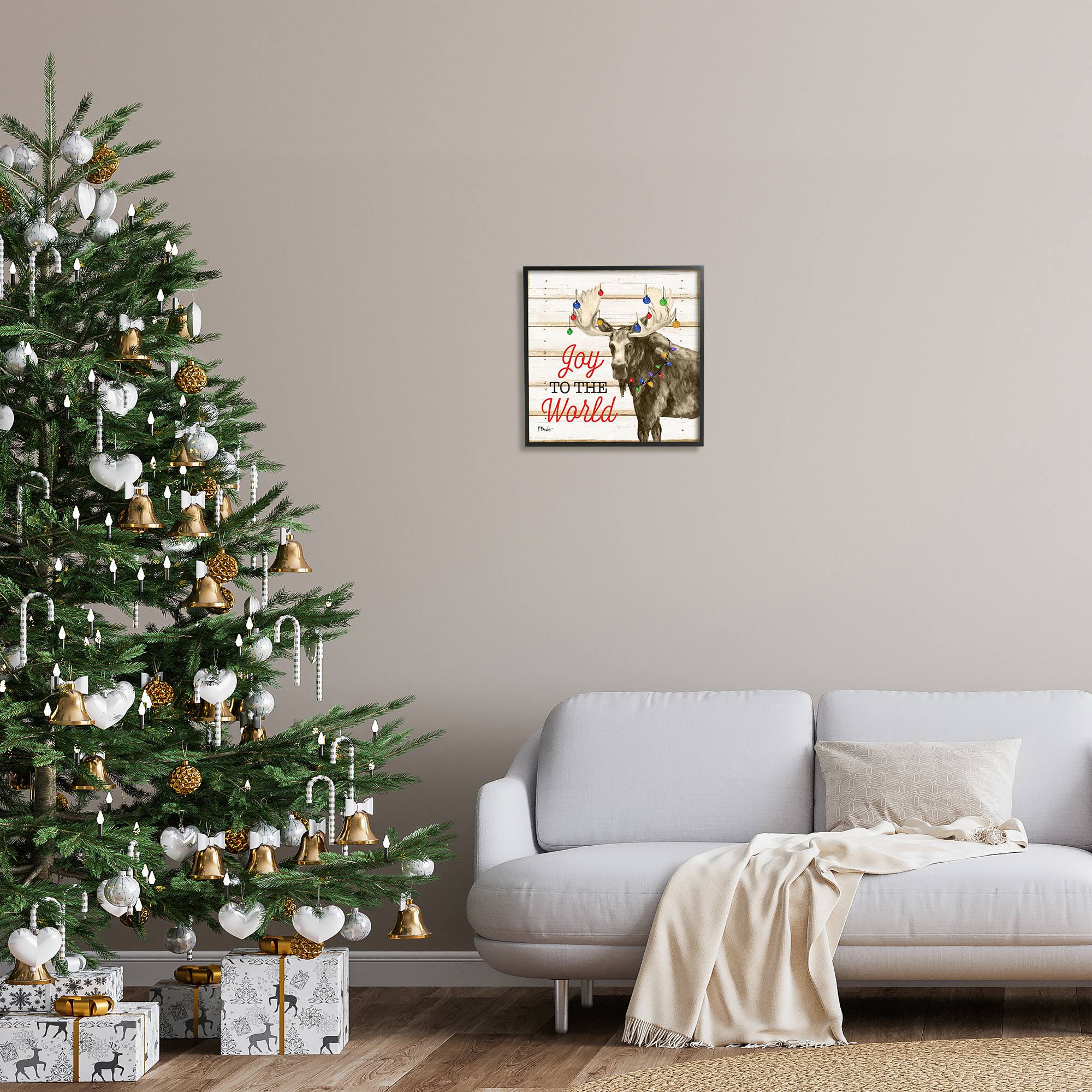 Stupell Industries Moose with Festive Lights Holiday Painting Black Framed Art Print Wall Art, 17 x 17