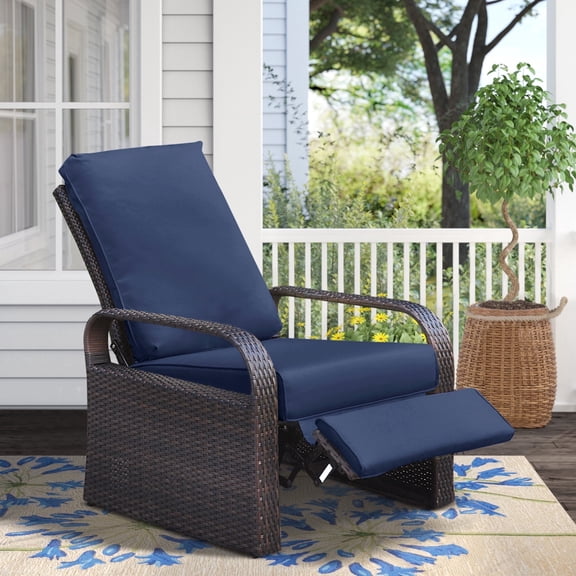 ATR ART TO REAL Wicker Outdoor Patio Adjustable Recliner Chair with Navy Blue Cushion