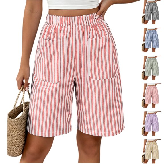 MLCDZ Womens Striped Bermuda Shorts Casual Loose Lightweight Shorts with Multiple Pockets Elastic Waist Summer Beach Vacation Shorts Pants