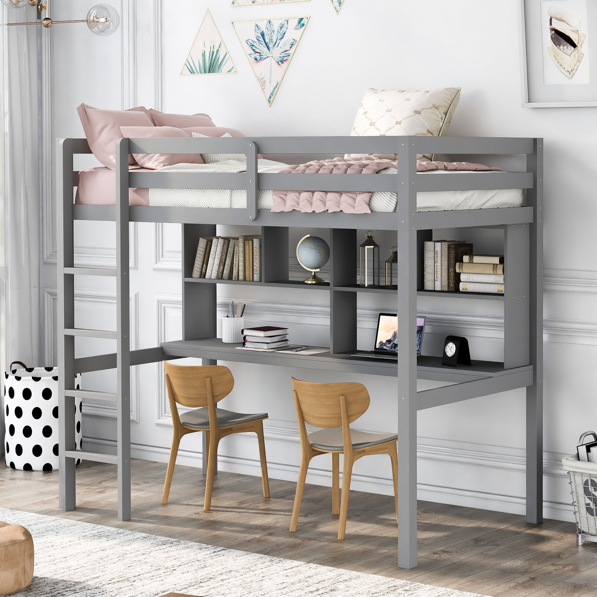 Twin Loft Bed with Desk, Solid Wood Loft Bed Twin Size with Bookcase ...
