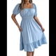 thumbnail image 3 of Vestido Corto Bohemio de Verano para Mujer, con Escote Cuadrado, Mangas Abullonadas, Hombros Descubiertos, Fruncido, Informal, de Corte A, con . Azul L, 3 of 10