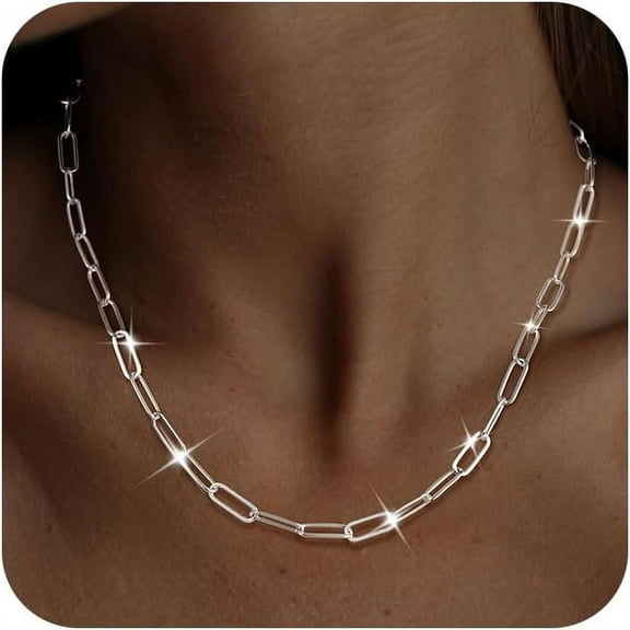 Silver Paperclip Chain Necklace For Women,Dainty Sterling Silver Choker Necklaces For Women Trendy Simple Long Chunky Minimalist Waterproof Link Necklace Jewelry Gifts For Women 16/18/20 In[o6372]