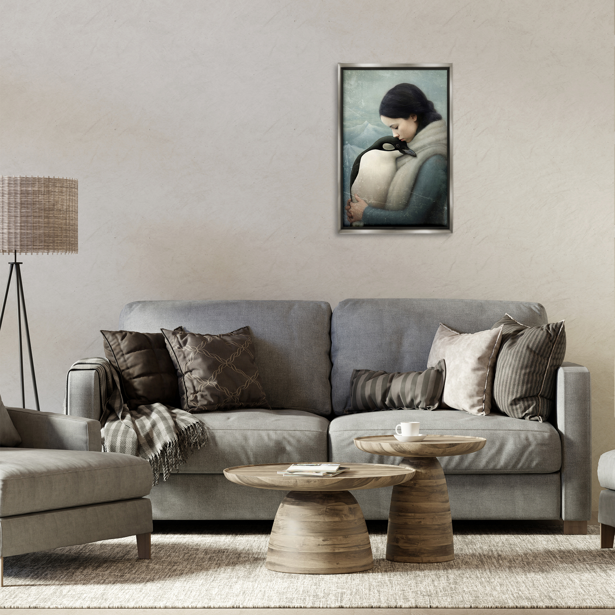 Stupell Industries Girl and Her Penguin People Painting Gray Floater Framed Canvas Art Print Wall Art, 17 x 25