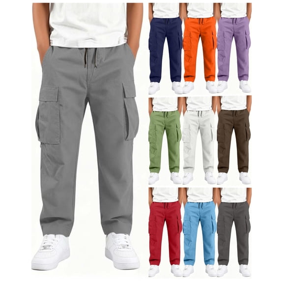 SSYGGI Kids Boys' Cargo Pants Outdoor Baggy Hiking Pants Stretch Elastic Waist School Uniform Pants Pull on Wide Leg Joggers for Teen Boys Trousers with Multi Pockets