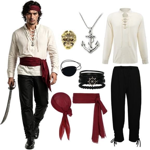 GYQMBT Men’s Pirate Costume Set,Renaissance Medieval Outfit,Men’s Pirate Outfit With Shirt Pants Sash Accessories (White,S)