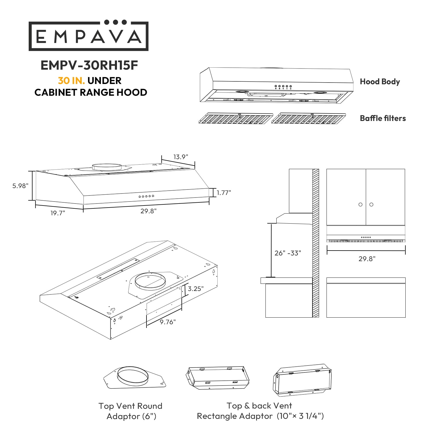 Ultrathin Series 30 in. 300 CFM Ductless Under Cabinet Range Hood for Compact Kitchen with Push Button Controls - Carbon filter – 3 Speeds Fans in Stainless Steel