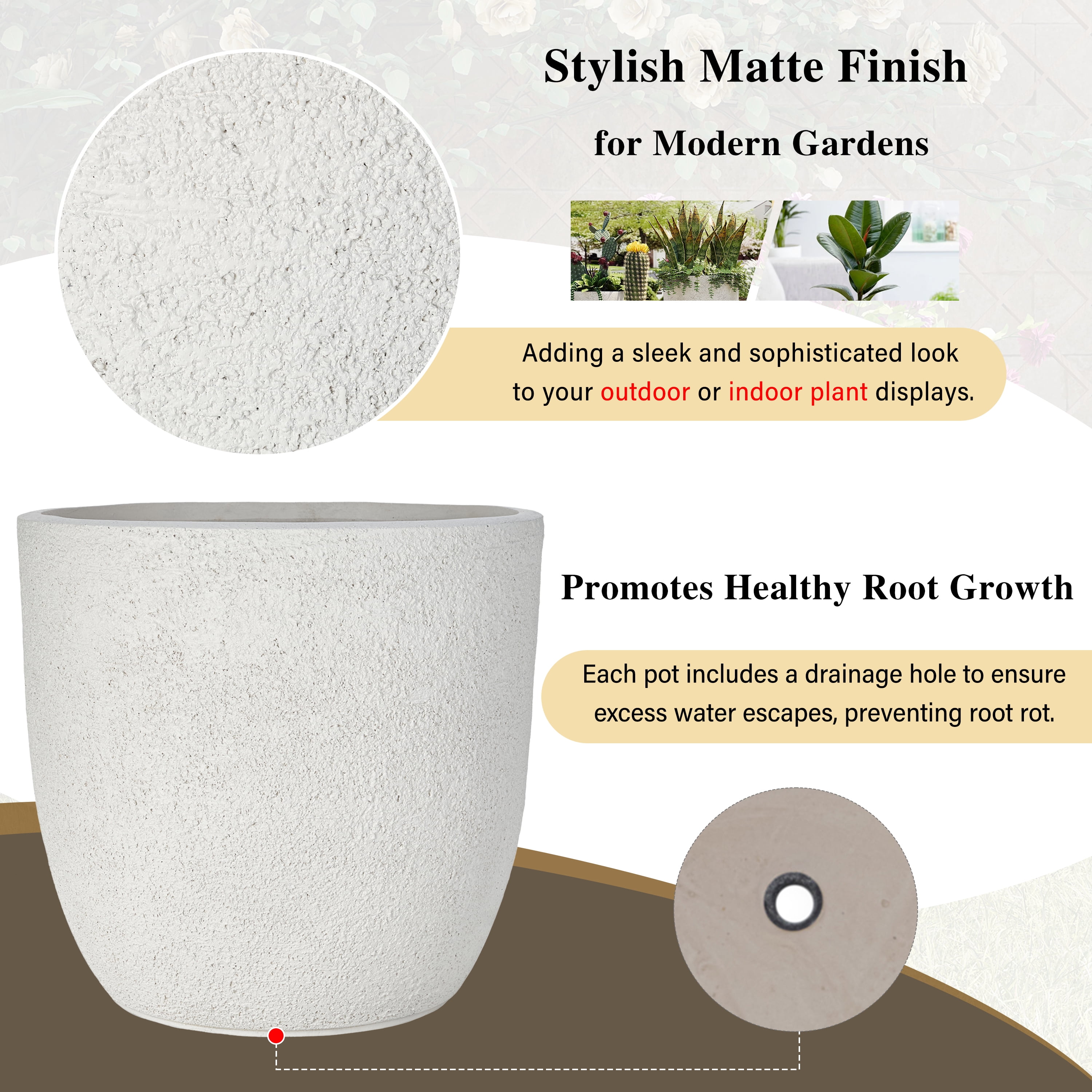 Harper & Bright Designs Outdoor Concrete Planter Set of 3, Patio Flower Pots Stone-Look Textured with Drainage Holes and Rubber Plug for Garden Poolside, White