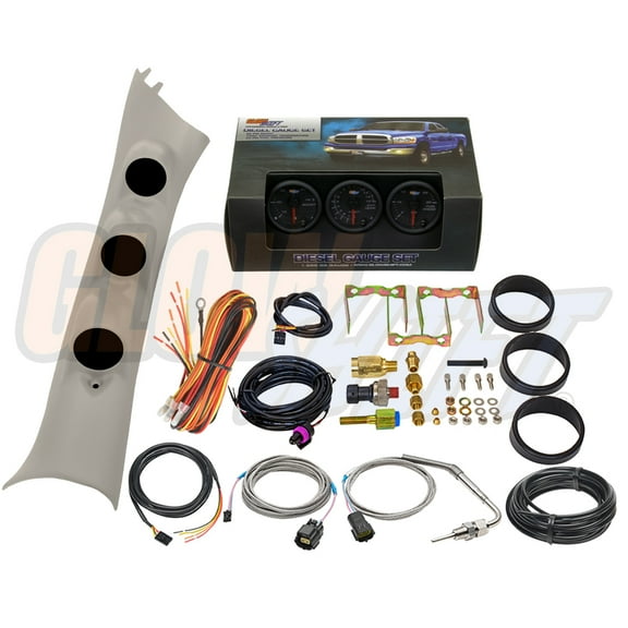 GlowShift | 2010-2018 Dodge Ram 6.7 Cummins Taupe Triple Gauge Pillar Pod with Black 7 Color Series 60 PSI Boost Gauge, 1500F Pyrometer EGT Gauge & 30 PSI Fuel Pressure Gauge