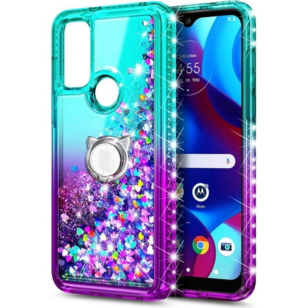 Glitter Liquid Floating Waterfall Durable Girls Cute Phone Case Cover with Ring holder and Wrist Strap For Motorola Moto G Pure and Moto G Power 2022 and Moto G Play 2023