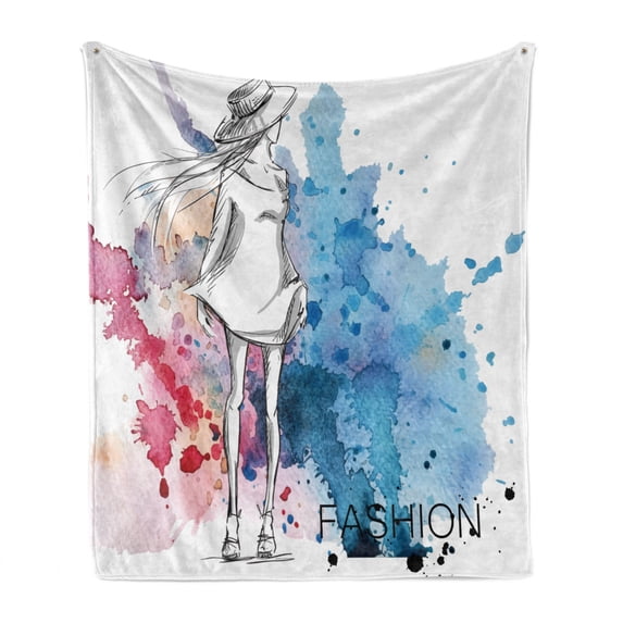 Fantasy Soft Flannel Fleece Throw Blanket, Sketchy Fashion Lady Hat Looking Watercolor Splash Brushstroke Steam Image, Cozy Plush for Indoor and Outdoor Use, 60" x 80", Pink and Blue, by Ambesonne