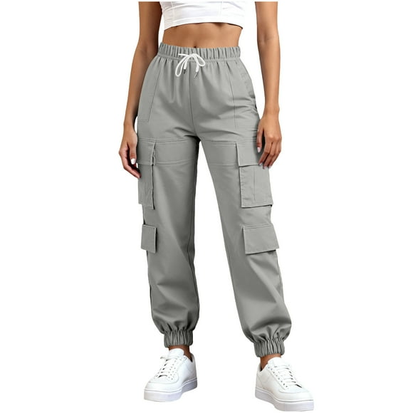 aidice Cargo Pants for Women Elastic Drawstring High Waist Casual Workout Hiking Cinch Bottom Trousers with Pockets