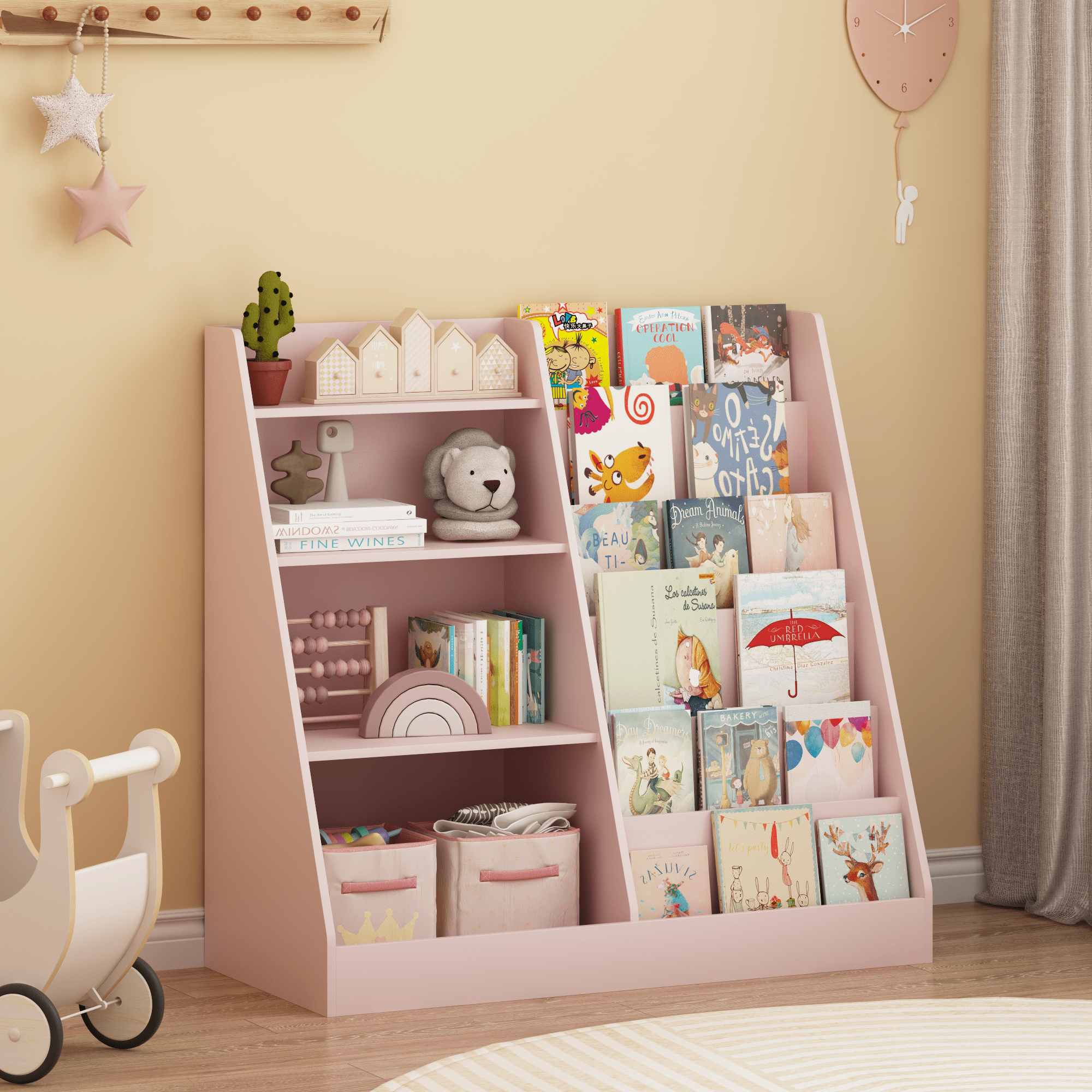 New Kids Bookshelf and Toy Storage Organizer, Multifunctional 4 Tier Wooden Kids Book Shelf with Bookcase Display Stand in Kids Room Playroom Nursery for Kids, Children, Toddlers (Pink)