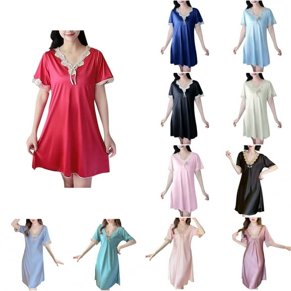 Antinious Womens Nightdress Solid Silk Like Satin Panel Short Sleeve Mid Length Loose Sleepdress Home Dress,Holiday!Nightgowns for Women,Women Pajama Dress,Blue,M
