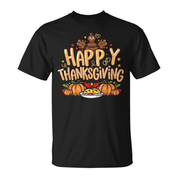 Turkey Day Happy Thanksgiving Tee for Adults Family Dinner Cotton T-Shirt Casual Holiday Outfit, Size M, Color Black