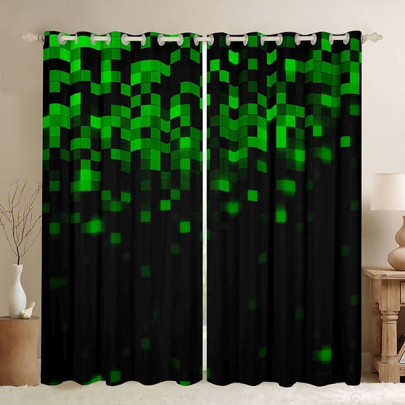 jejeloiu Green Pixel Miners Black Out Curtains Kids,Abstract Geometric Plaid Curtains Pack of 2 (42x63 Each) For Boys