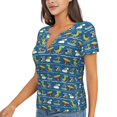thumbnail image 2 of Wukai Dinosaur on the Beach Vacation Casual V-Neck Graphic Tees for Women: Lightweight and Breathable Summer Tops with Stylish Design-X-Large, 2 of 8