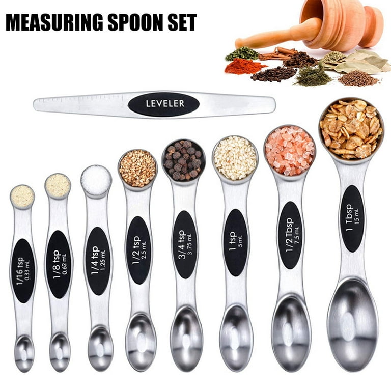 Atopoler Best Chef Magnetic Measuring Spoons Set, Dual Sided, Stainless  Steel, Fits in Spice Jars, Black, Set of 9, for Home Kitchen Baking Cooking
