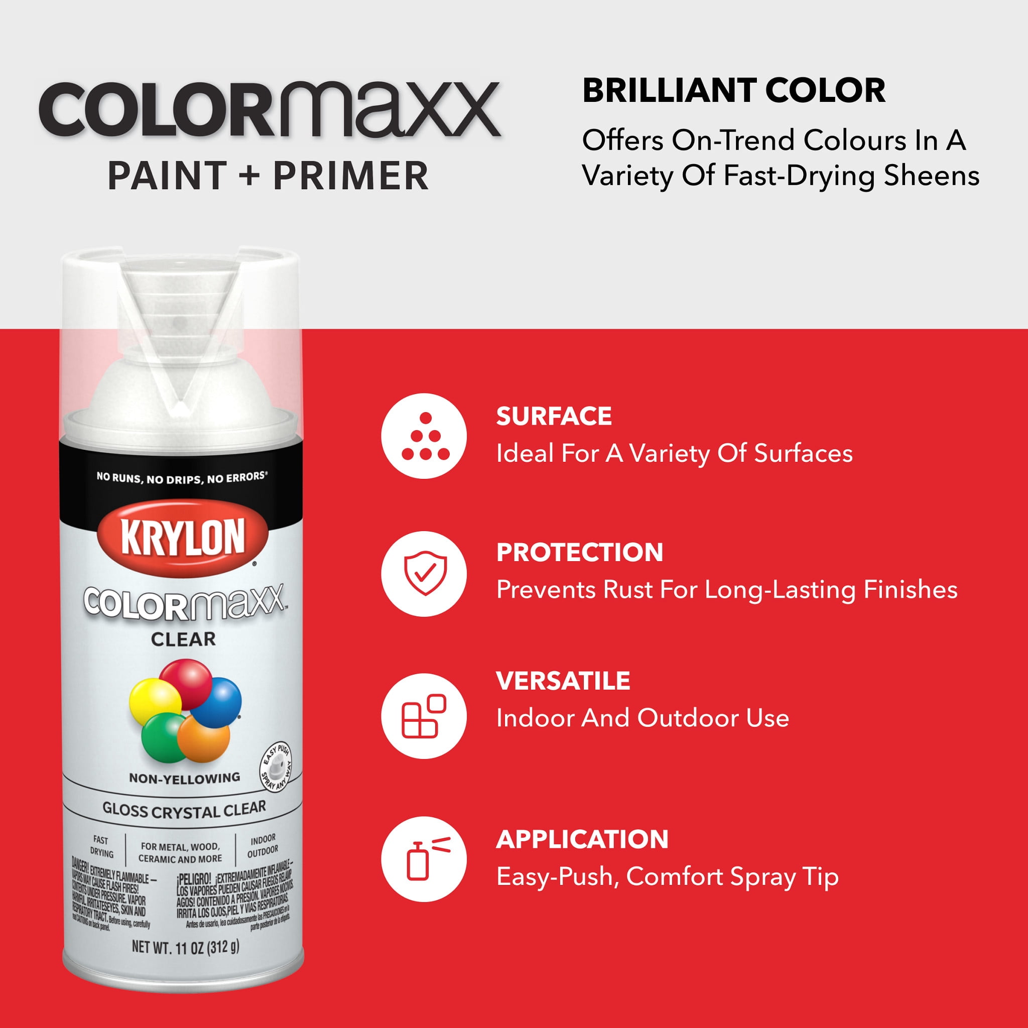 Krylon COLORmaxx Gloss Acrylic Spray Paint, Crystal Clear, 11 oz