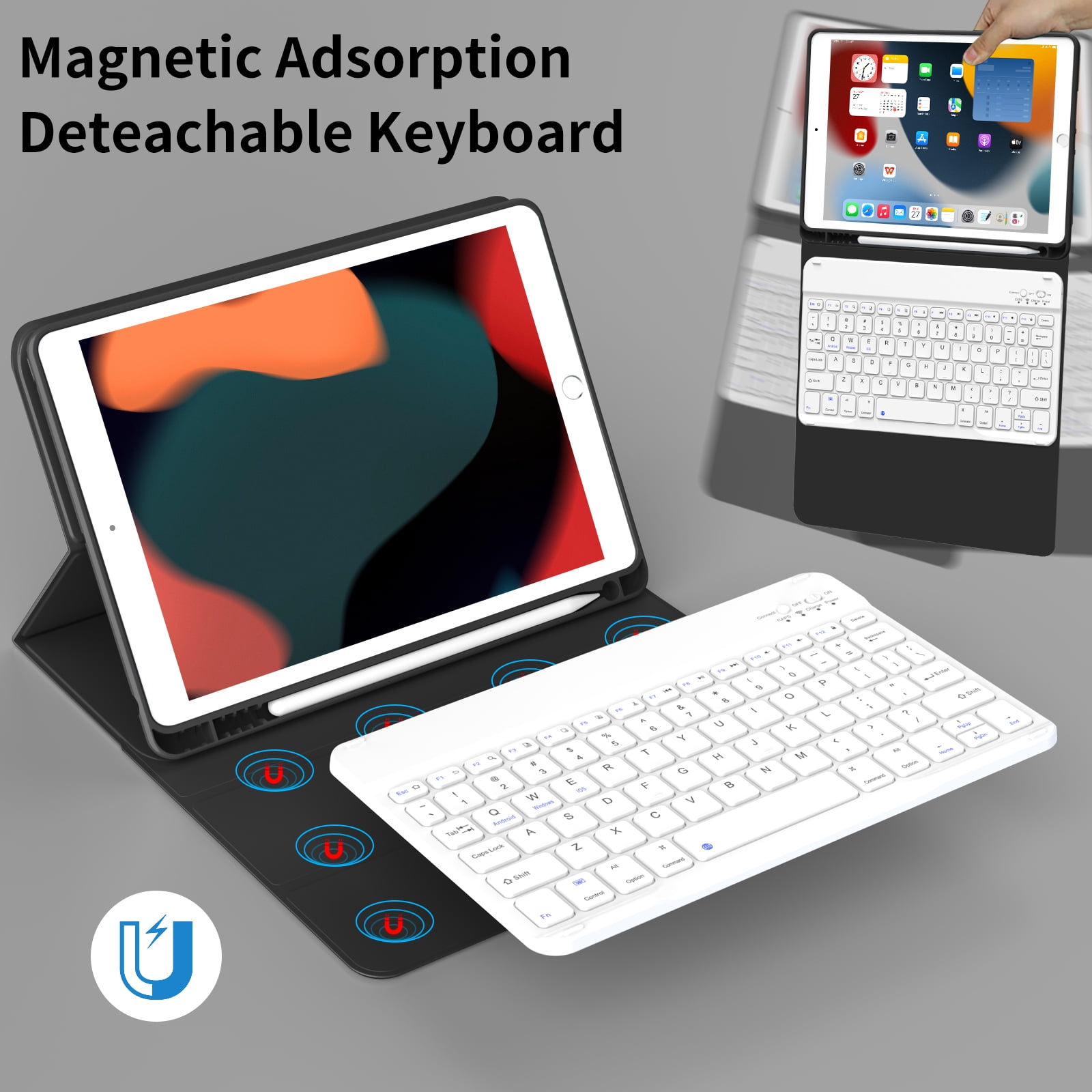 SZPSGC Keyboard Case for ipad 10.2" 9th/8th/7th Gen,Wireless Magnetic Detachable Keyboard for iPad 9th/8th/7th, with Built-in Pencil Holder, Black