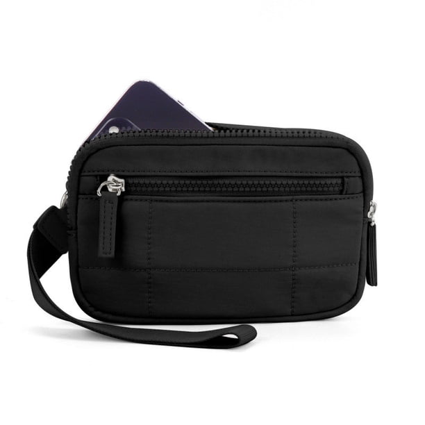 Cartera Del Titular de la Tarjeta Cartera de la Pulsera de la Mujer Correa Acolchada de Nylon con 3 Compartimientos con Cremallera Y Clip de la Tarjeta de Viaje