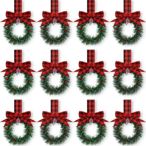 Wishrage 12PCS Christmas Kitchen Cabinet Wreaths with Ribbon 3.94 Inch Mini Christmas Wreath Small Kitchen Xmas Decor for Window Door