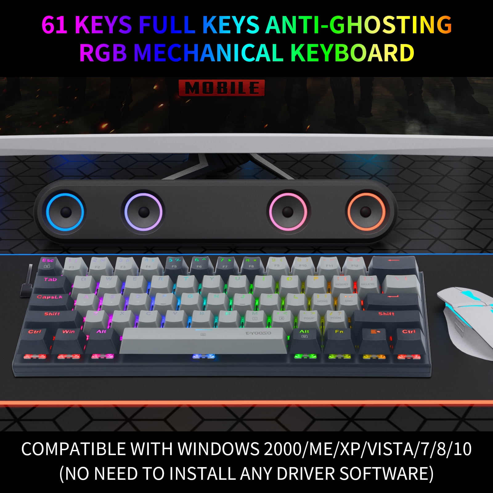 60% Wired Mechanical Gaming Keyboard, E-YOOSO RGB Backlit Ultra-Compact 61 Keys Hot Swappable Mini Waterproof Wired Office Keyboard with Red Switches for Windows, Mac OS Gamers (Grey Black)