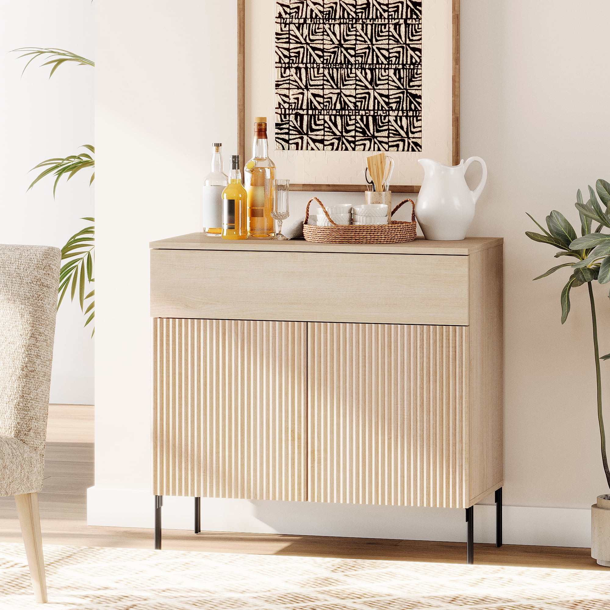 31.5" Wooden Reeded Sideboard with Doors and Drawer, Modern Credenza Storage Cabinet for Kitchen, Dining Room