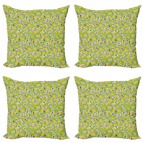 Floral Throw Pillow Cushion Case Pack of 4, Pattern of Line Drawing Style Herbs and Flowers Botanical Field in Full Blossom, Modern Accent Double-Sided Print, 4 Sizes, Multicolor, by Ambesonne